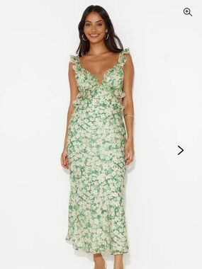 Second Chances Ruffle Trim Maxi Dress Flowers Green